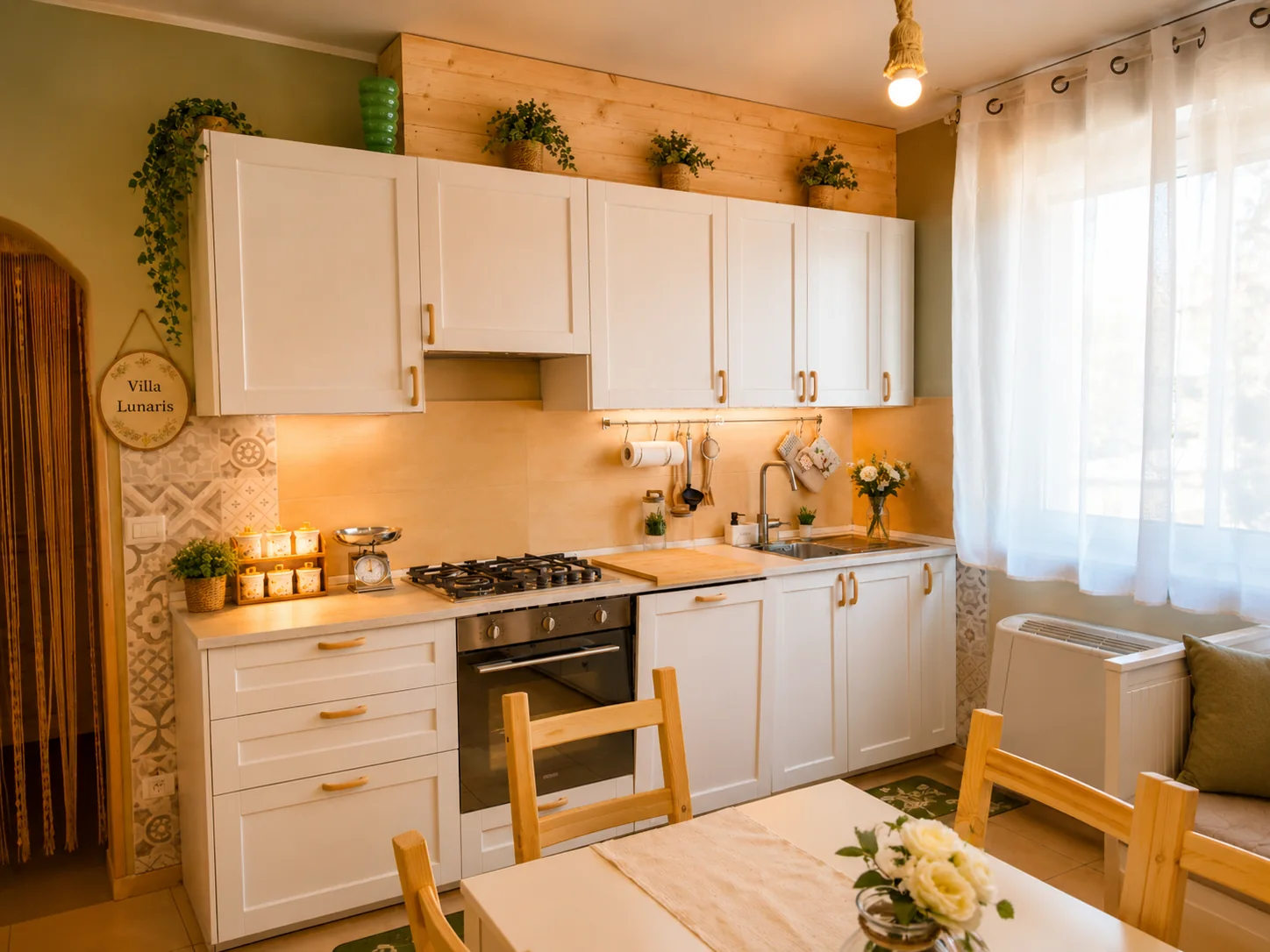 Cucina attrezzata bianca e luminosa di Villa Lunaris